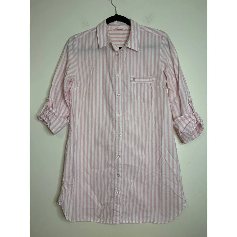 Victoria's‎ Secret Pink White Striped Cotton Button Down Nightshirt Medium